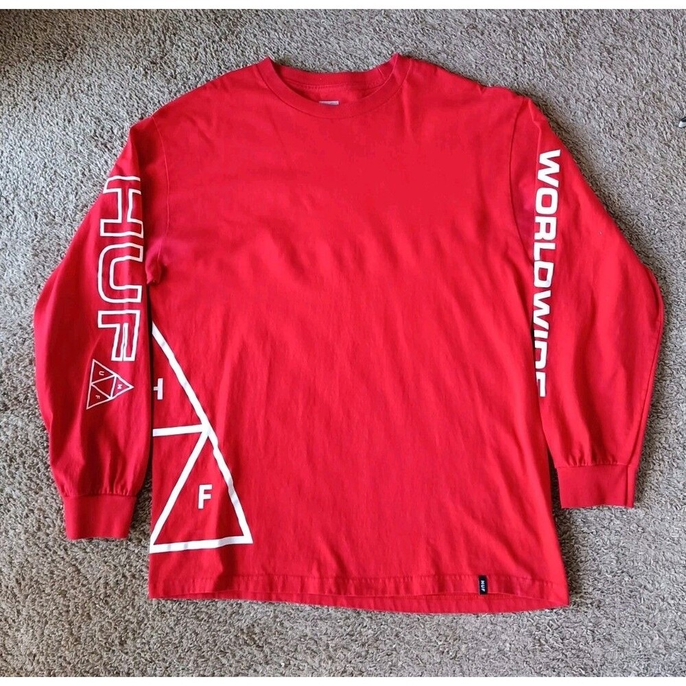 Huf Worldwide Long Sleeve Shirt Men's Size Large Graphic Red Shirt